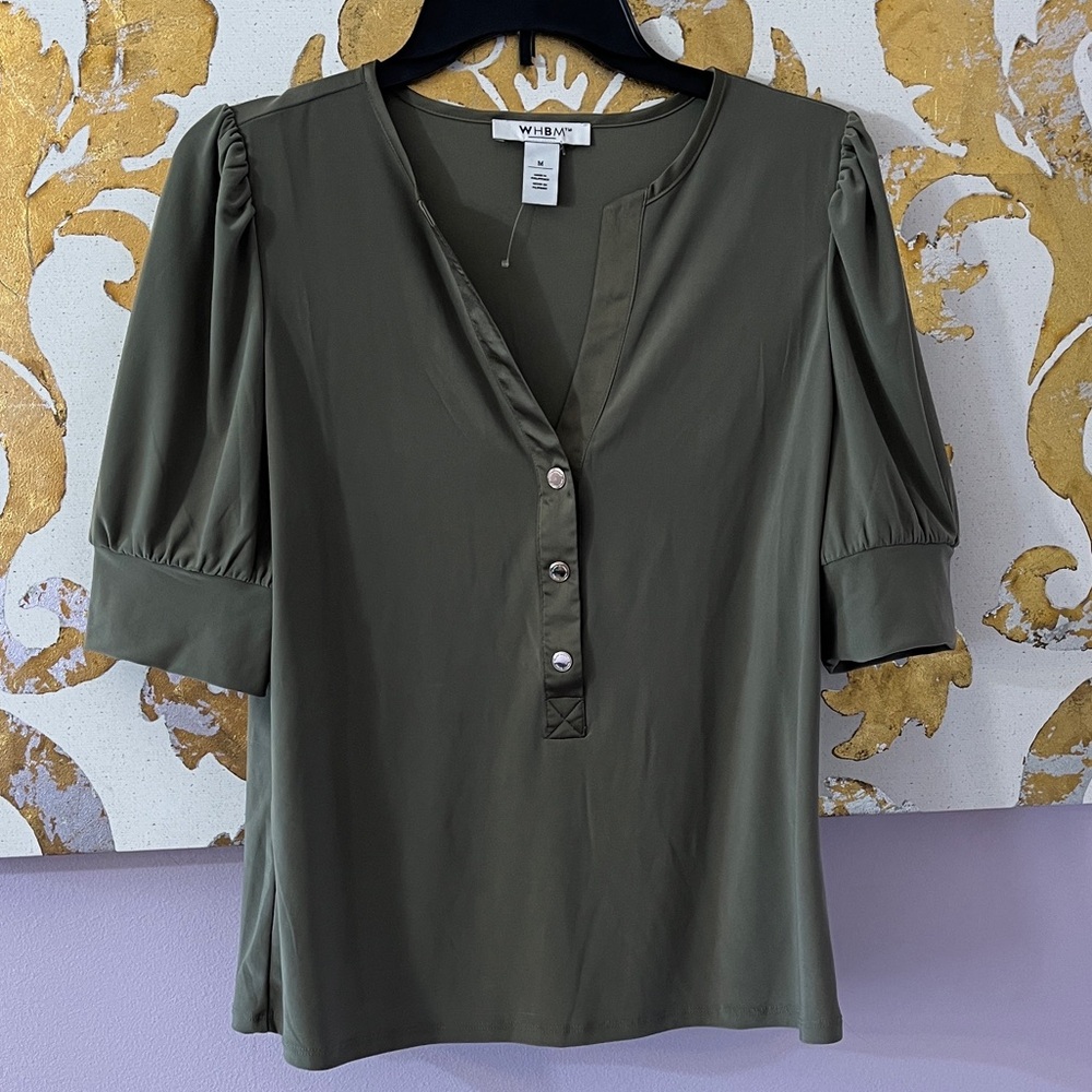 White House Black Market Size Medium Olive Green Puff Sleeve Silver Button Top